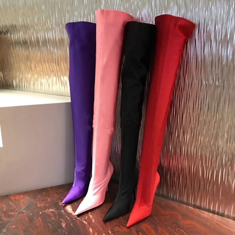 KemeKiss/Сапоги выше колена размера плюс 34-48, 7 цветов Мягкая атласная пикантная растягивающаяся обувь на тонком высоком каблуке женские ботфорты для ночного клуба