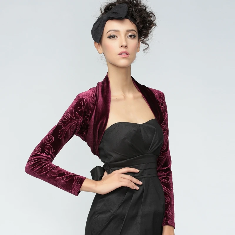 

Spring Autumn Women Small Embossed Velvet Shawl Short Cardigan Long Sleeve Floral Pattern Small Jacket Ladies Thin Cardigan W793