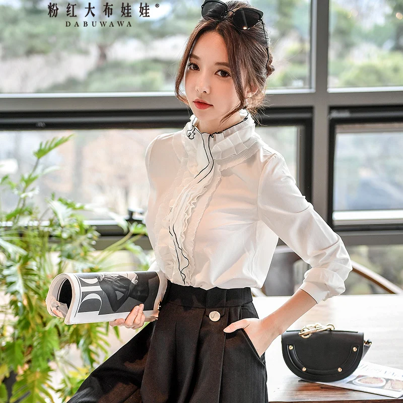 

Dabuwawa Spring New Women White Blouses Office Lady Lace Collar Sweet Spliced Shirts Tops D17CST012