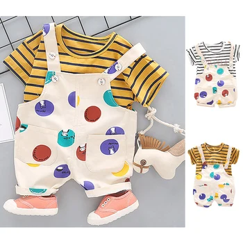 

Baby Boy Clothes Summer Striped Print Tee Tops Short Sleeve T-shirt+Suspender Pants Cartoon Straps Short Set Bebek Giyim