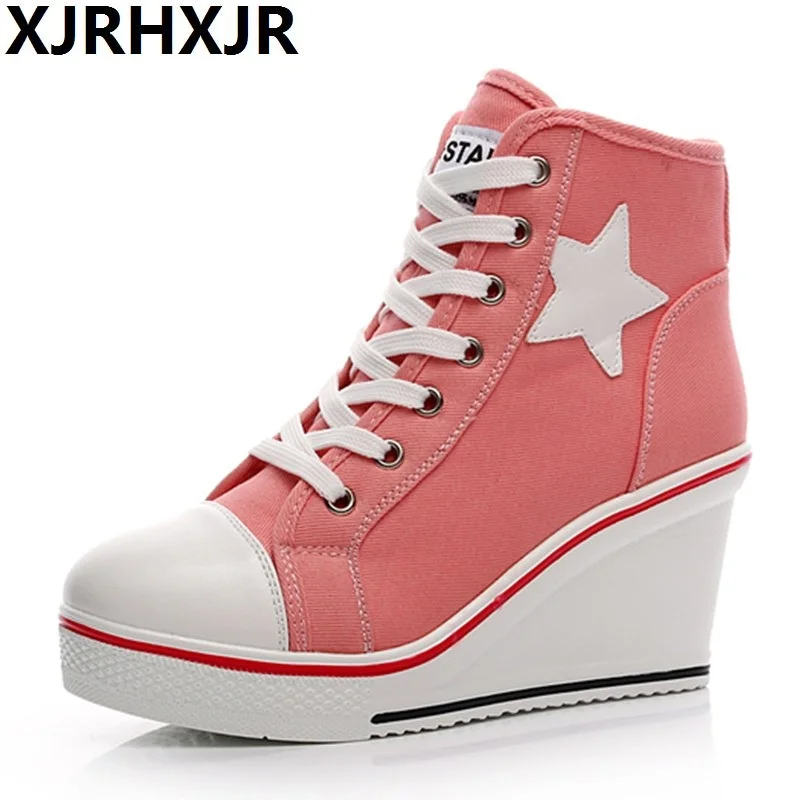 

Plue Size 8cm Height Increasing Wedges Lace Up Flats Casual Ankle High Top Pink Canvas Shoes Women Casual Shoes Sneakers
