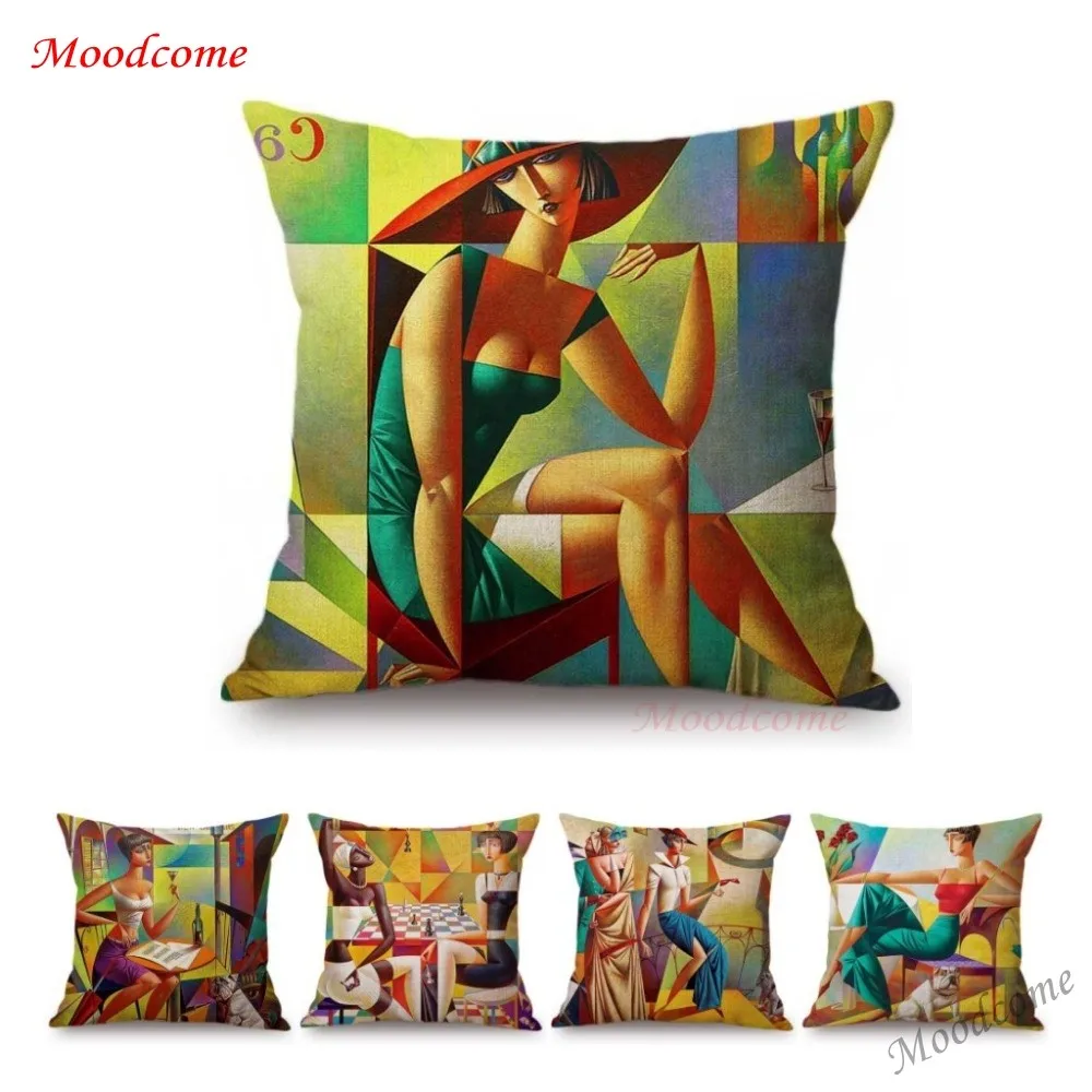 

Modern Art Cubism Geometric Oil Painting Fashion Lady Girl Gallery Decoration Pillow Case Hotel Lobby Saloon Linen Cushion Cover