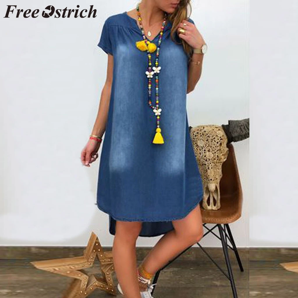

FREE OSTRICH Dress Women Denim Loose V-Neck Ankle-Length Short Sleeve Blue Solid Current Elegant Graceful Short Dress Summer