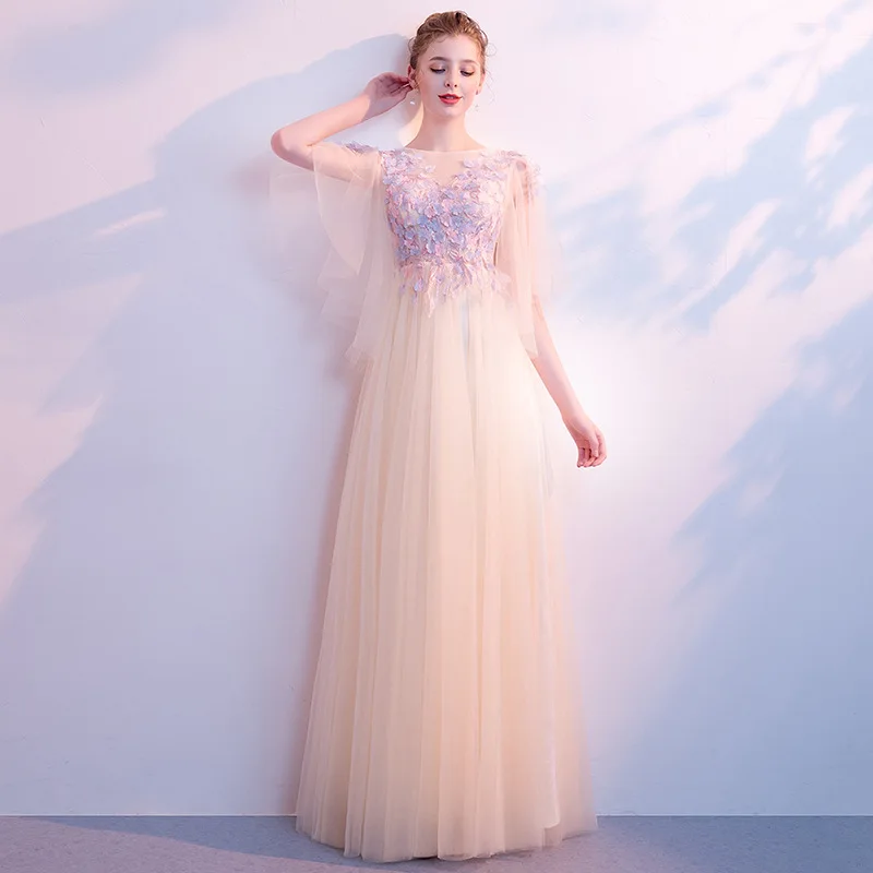 

A-line Evening Dress Embroidery Flowers Chamgagne Formal Prom Dress O-neck Half Sleeve Bandage Floor Length Long Party Gown E336