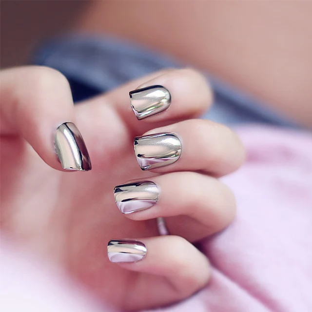 24pcs Set Punk Metal Style False Nails European And American Grey 24pcs Set Punk Metal Style False Nails European And American Grey Press On With
