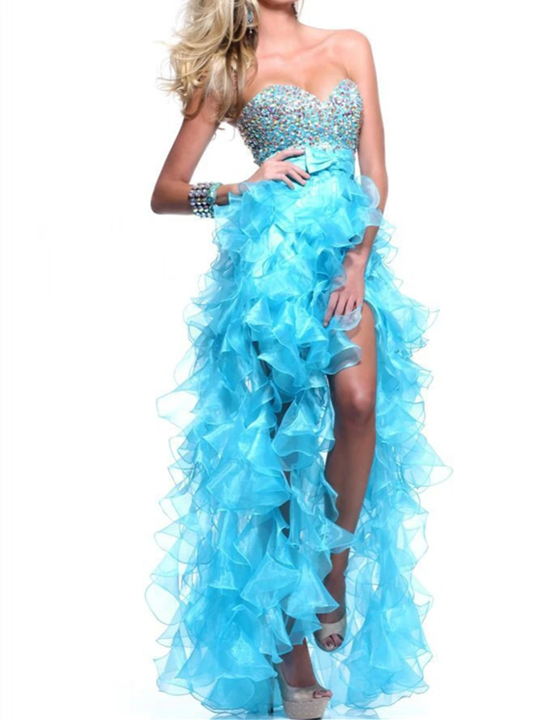 

Elegant Sweetheart Royal Blue White High Low Prom Dresses 2017 Organza Ruffle Party Gowns Backless vestidos de colores