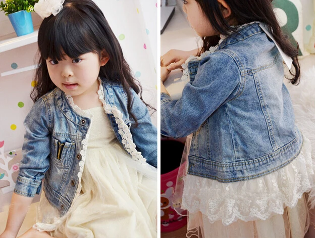 Детская ковбойская куртка с кружевом для девочек детская джинсовая одежда с заплатками, джинсовое пальто Классические костюмы, джинсовое пальто для девочек