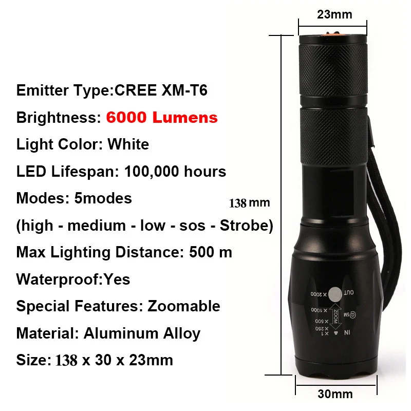 UniqueFire Troch высокое качество Водонепроницаемый T6 6000 люмен XML светодиодный фонарик Мощность Torch Light для 2x18650 аккумулятор светодиодный фонарик