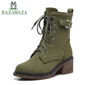 

ZALAVOR Women Winter Mid Calf Boots Keep Warm Fur Strappy Shoes Women Square Heeled Boots Fashion Buckle Footwear Size 32-43