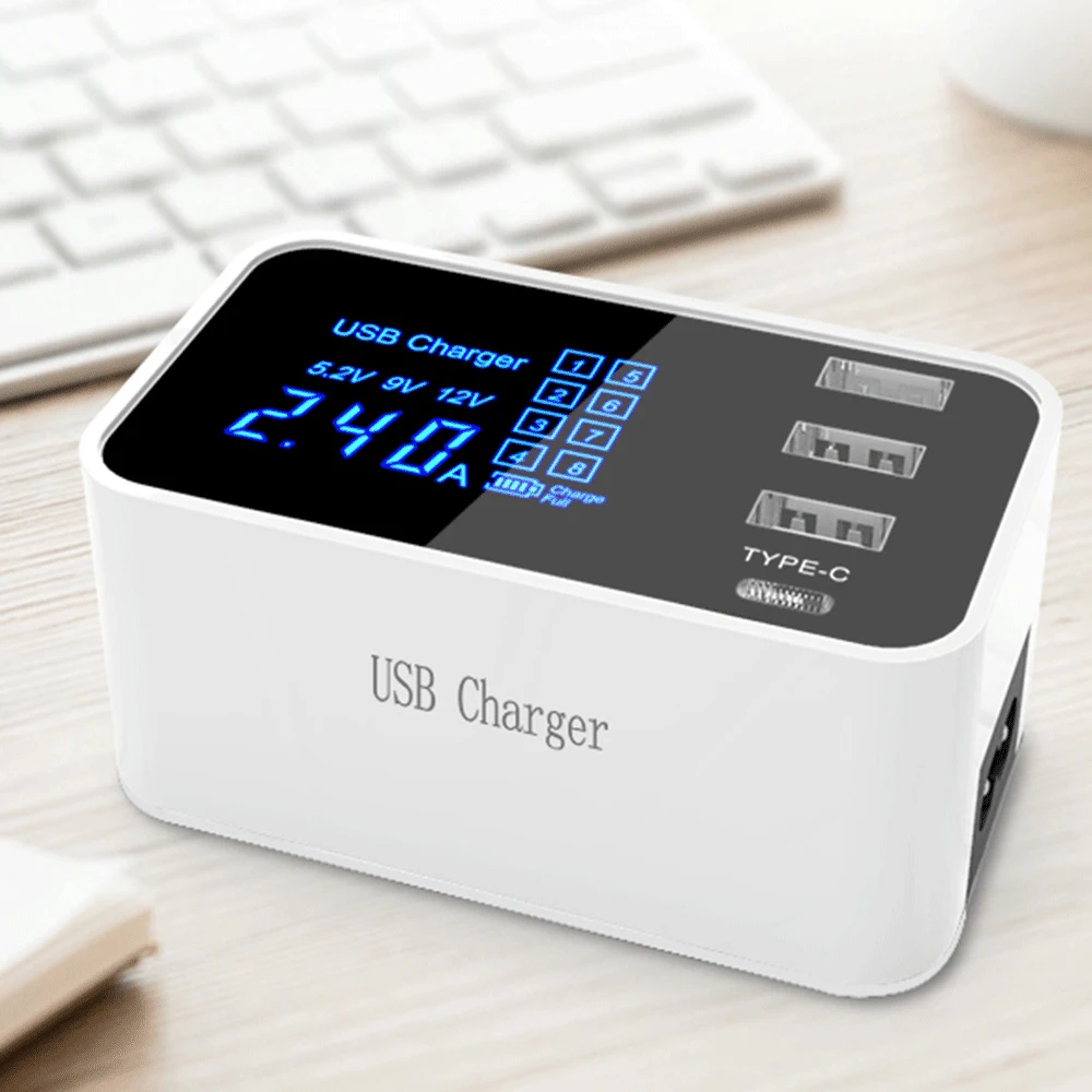 

4 Port Smart USB C Charger USB Type C Fast Charging Station Wall Charger Display Power Adapter Desktop Strip Phone Quick Charger