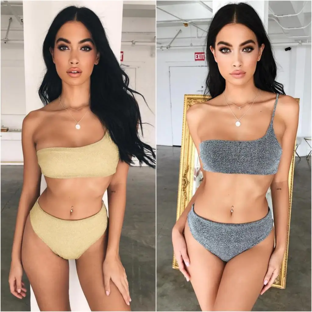 

Bikini Bathing Suit Women Swimsuit Sexy One Shoulder Shiny Swimwear Summer Beach Swim Suit Bikini Brazilian Simple Biquini