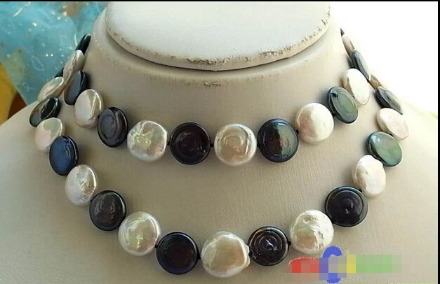 

HOT## Wholesale >>>> p959 28" 14MM WHITE BLACK COIN FW CULTURED PEARL NECKLACE