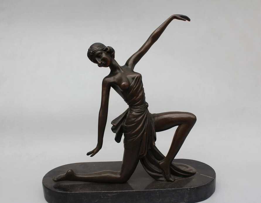

14"Western Pure Bronze muse belle on wolf Art sculpture on base Dancing girl