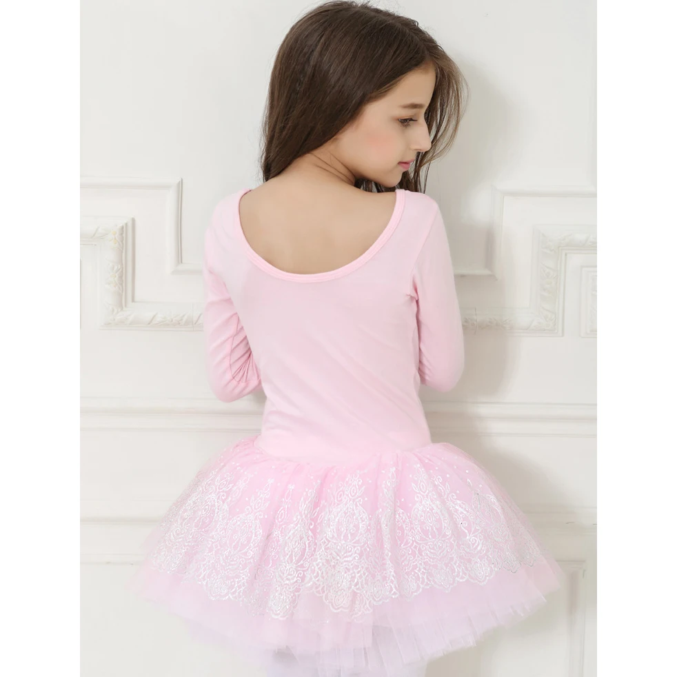 Девушки платье для балета, танцев трико Розовый Длинные рукава трико сетки декольте нанесения печати по фольге розовая балетная юбка-пачка, одежда для балерины, детское платье