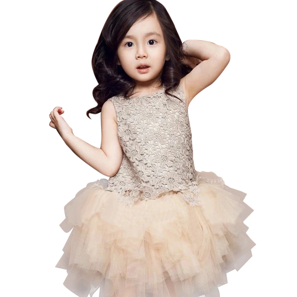 

2016 Summer New Lace Vest Girl Dress Baby Girl Princess Dress 3-7 Age Chlidren Clothes Kids Party Costume Ball Gown Beige