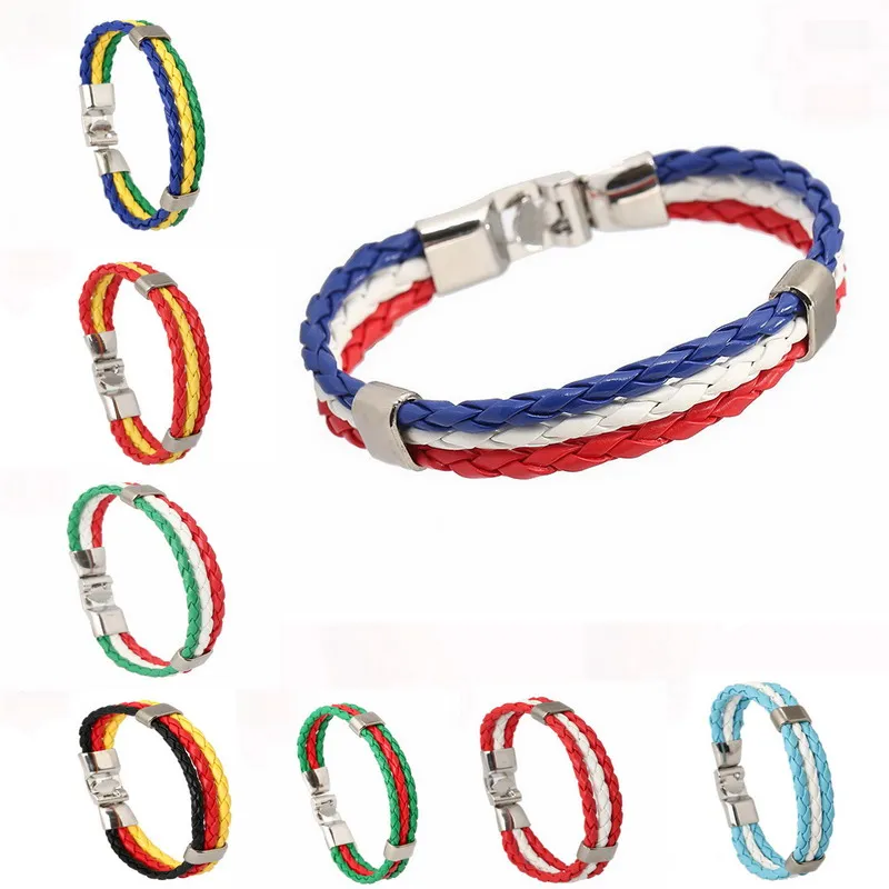 2018Hot! Mens Bracelets. National Flags Sports 3 Strands Rope Braided Surfer Leather Bracelets