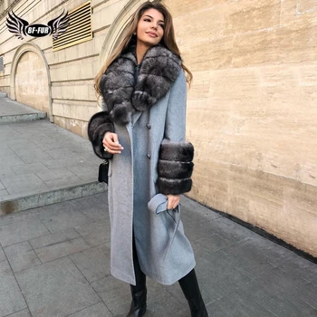 

2019 BFFUR Wool Blends Thick Fox Fur Collar Women Real Fur Coat Winter Fashion Female Coats Natrual Fur Trim Sleeve Long Luxury