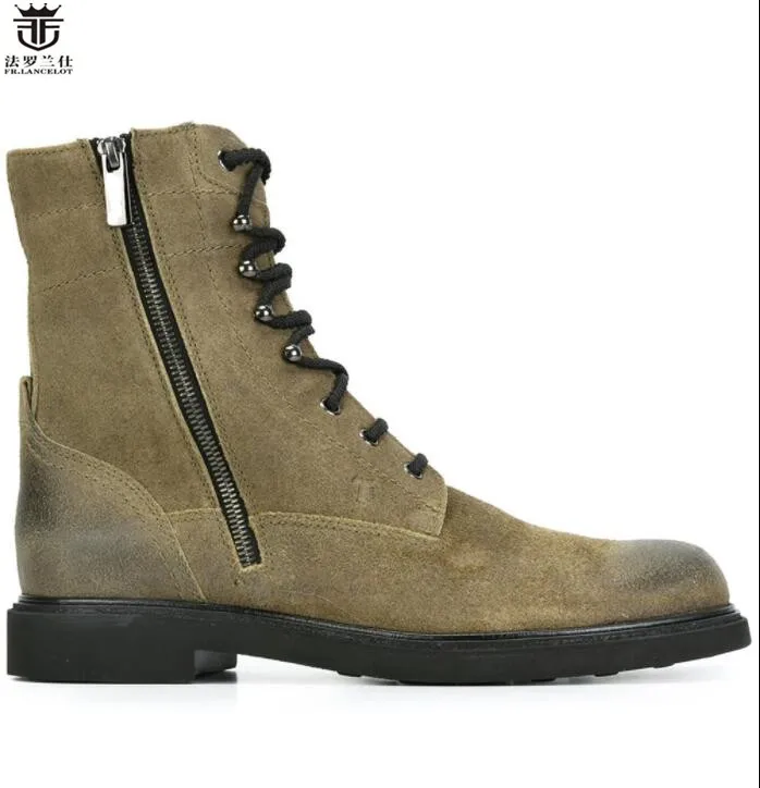 

FR.LANCELOT New fashion mens suede Leather Ankle lace up Boots flat heel Chelsea Boots Men's army green Autumn Boots