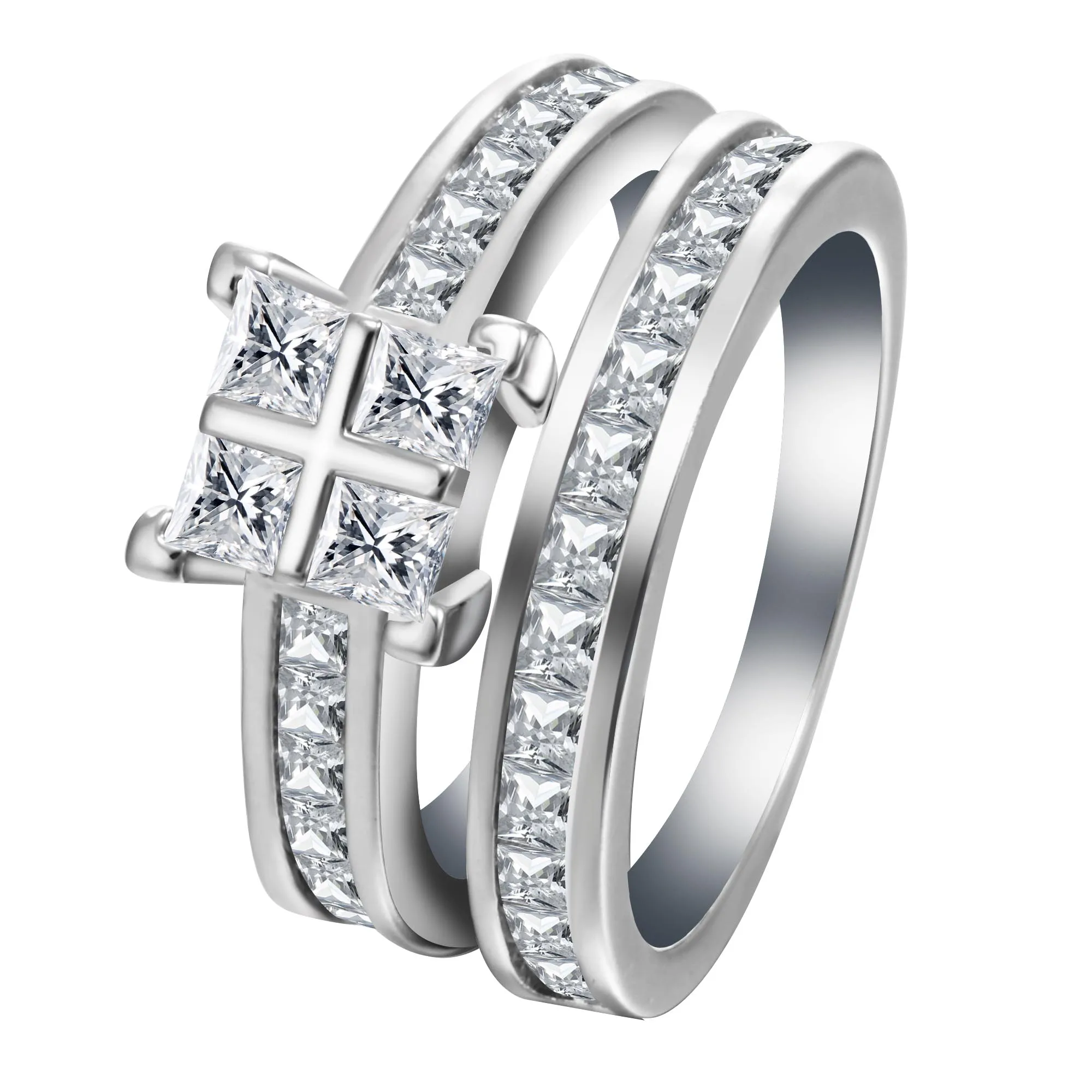

Two Band Rings set Princess Cut Zirconia zircon Engagement Ring Set for Women Vintage Fine Jewellry wholesale