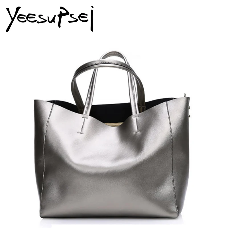 

YeeSupSei Luxury Genuine Leather Women Glossy Lady Shoulder Bag Solid Color Designer Cowhide Women Casual Big Bag A4 Available