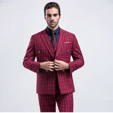 Классический дизайн Винные полосы сетки жениха смокинги Современная посадка 3 шт костюм набор Свадебные костюмы(куртка+ брюки+ жилет