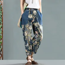 Летние винтажные джинсовые джинсы с цветочным принтом для женщин, с карманами, с эластичной резинкой на талии, длина по щиколотку, отбеленные модные джинсы, свободные женские
