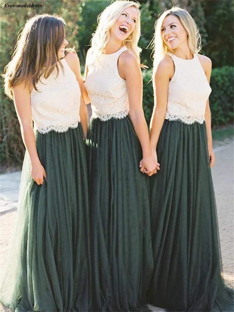 

Western Country Lace Tulle Bridesmaid Dresses 2019 O-Neck Sleeveless A-Line Long Summer Maid Of Honor Gowns For Wedding Party