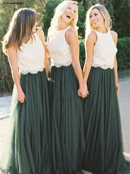 

Western Country Lace Tulle Bridesmaid Dresses 2020 O-Neck Sleeveless A-Line Long Summer Maid Of Honor Gowns For Wedding Party
