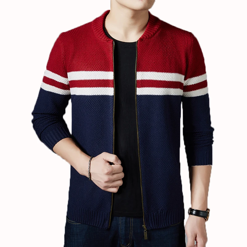 Autumn Man Casual Zipper Cardigan Sweater White Red Striped Knitwear