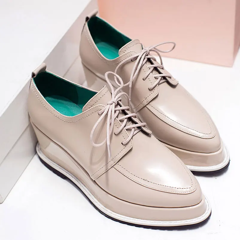 

Creeper Shoes Woman Lace-Up Loafers Women Wedge Shoes Genuine Leather Creepers Quality Women Footwear Designer Platform Shoes
