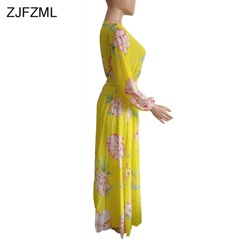 ZJFZML элегантное шифоновое платье с цветочным принтом, женское пляжное платье с длинным рукавом-фонариком, весенние платья в пол с глубоким v-образным вырезом