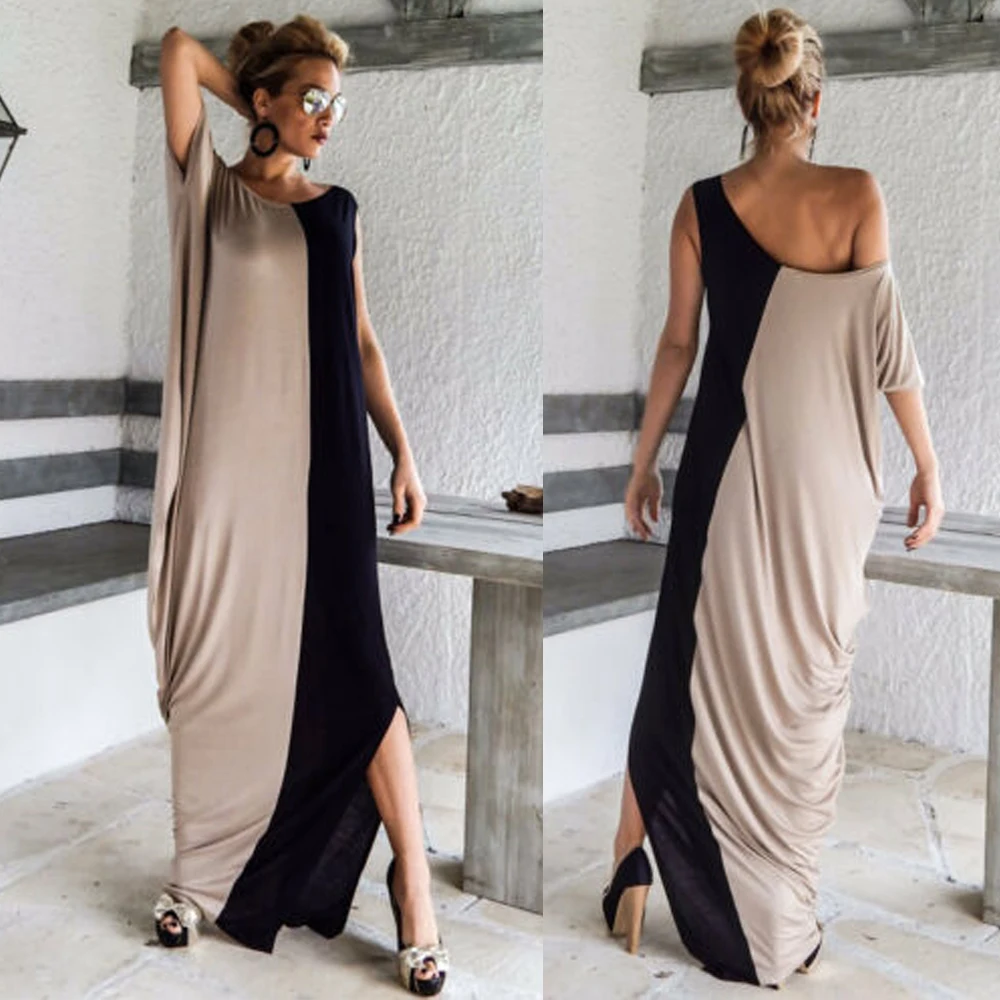 

Women's Boho One Off Shoulder Caftan Sleeve Harem Maxi Dress Boho Womens One Off Shoulder Dress Ladies Splice Casual Dress