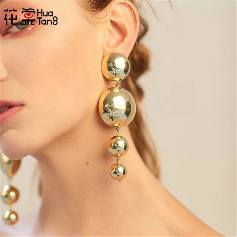 

HuaTang Geometric Big Ball Long Pendant Drop Earrings Simple Style Gold Color Earring for Women Dangle Earring Jewelry 4149