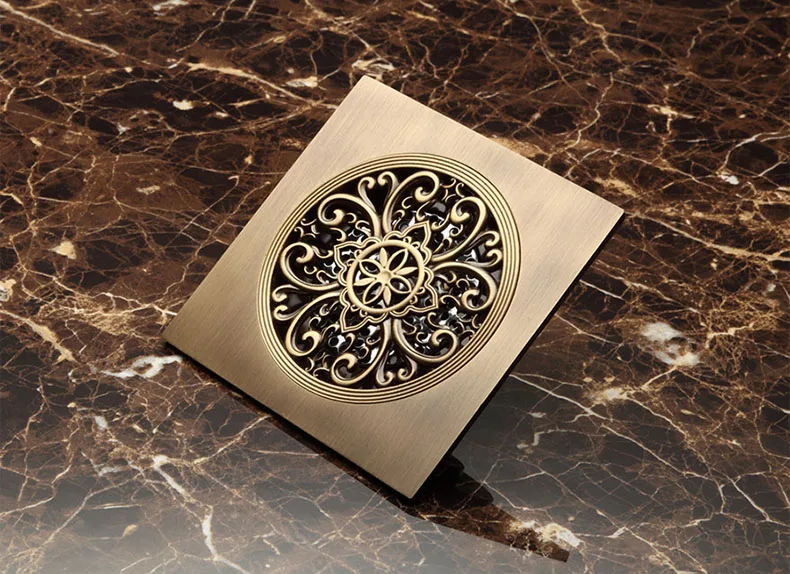 15 x 15 Square Bathroom Shower Drain Floor Drain Trap Waste Grate Antique Brass Grid Drain