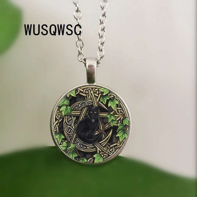 WUSQWSC Wicca Черный кот 25 мм кабошон с фото купольная стеклянная цепочка Ожерелье |