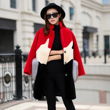 

Contrast color turn down collar real wool coats outerwear women warm winter wool jackets with real fox fur pockets 2018 autumn