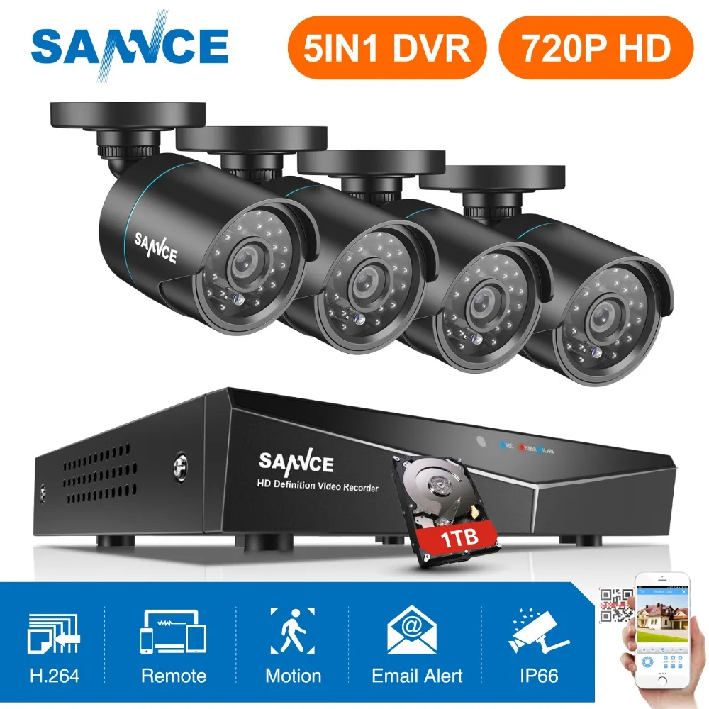 SANNCE 8CH HD 720P Секьюрити видео система 5в1 DVR с 4 шт. 1280TVL TVI Smart IR внешнаа водозащитная