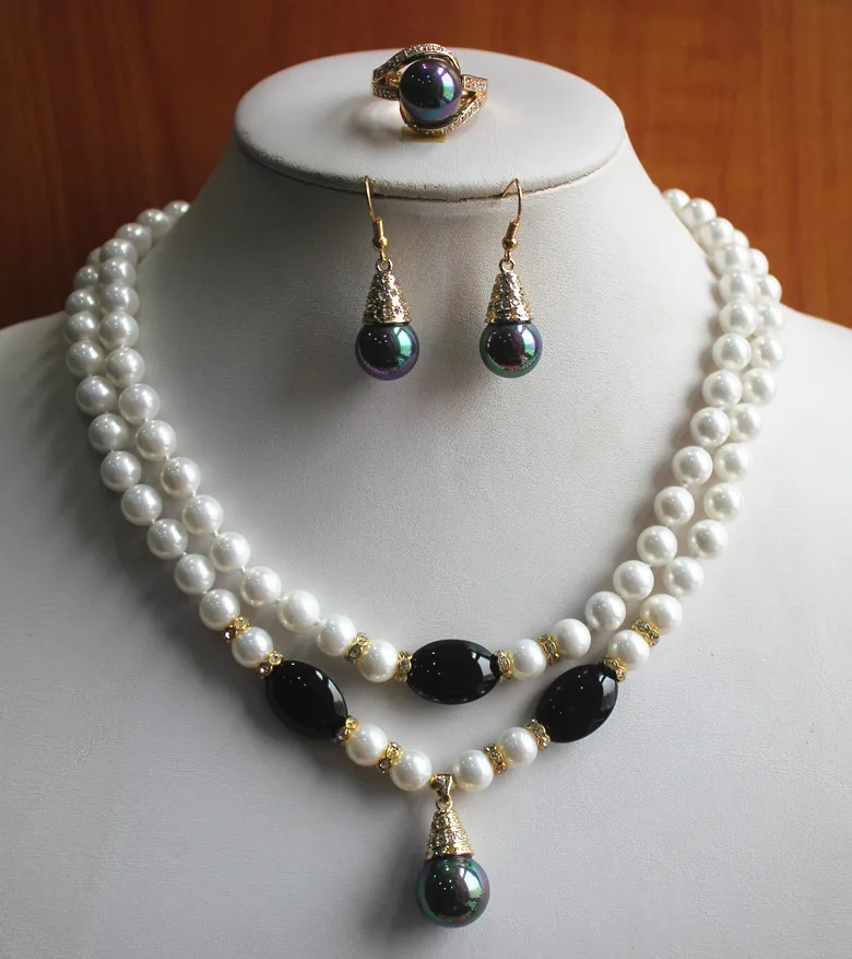 

beautiful design! Wholesale Women's 8mm 2 rows white pearl Necklace earring ring(7/8/9) jewelry set #249 (A0423)