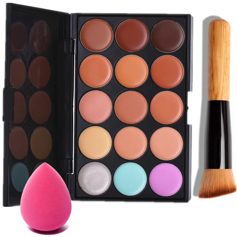 

15 Color Correcting Concealer Permanent Makeup Base+1Brush+1Puff Set Facial Foundation Bronzer Pigment Corrector Contour Palette