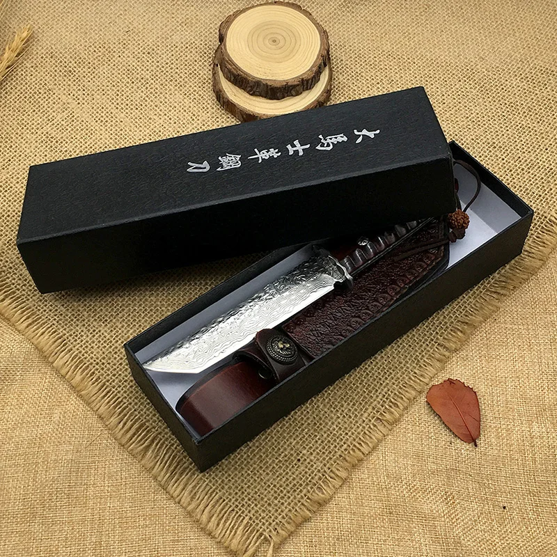 Ограниченный Заказ дамасская сталь Открытый охотничий нож настоящий VG10 core фиксированный нож выживания EDC ручной работы высокого качества кожаный чехол