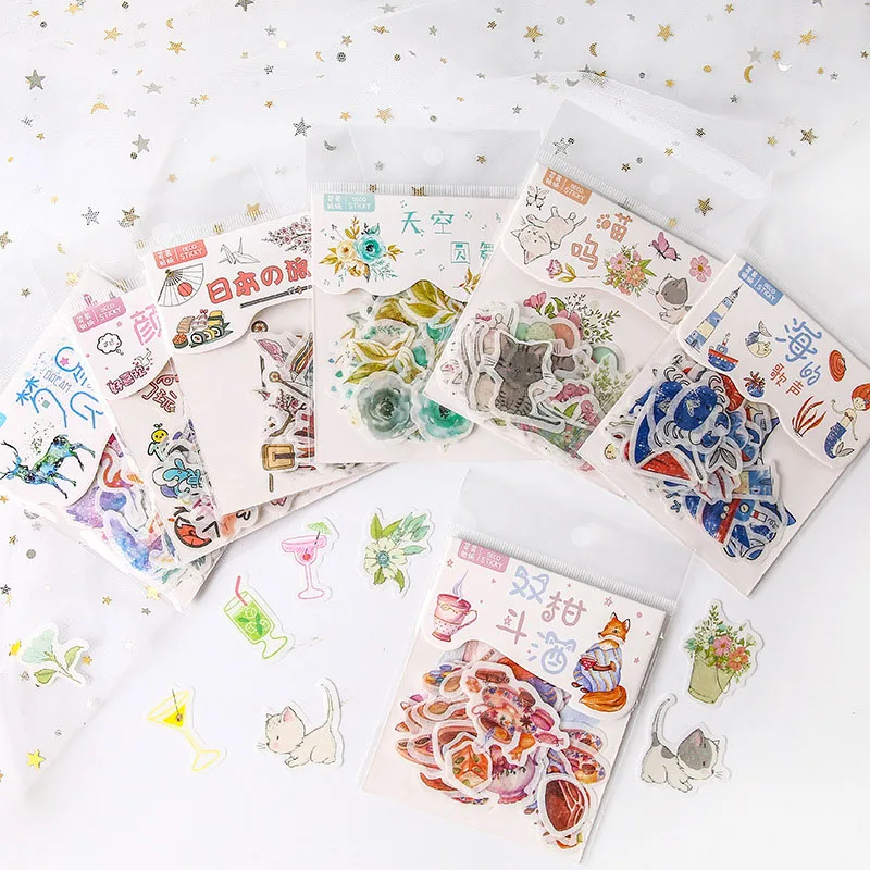 

40Pcs Kawaii Flowers Stickers Cute Cat Stationery Stickers Paper Adhesive Stickers For Kids DIY Scrapbooking Diary Photos Albums