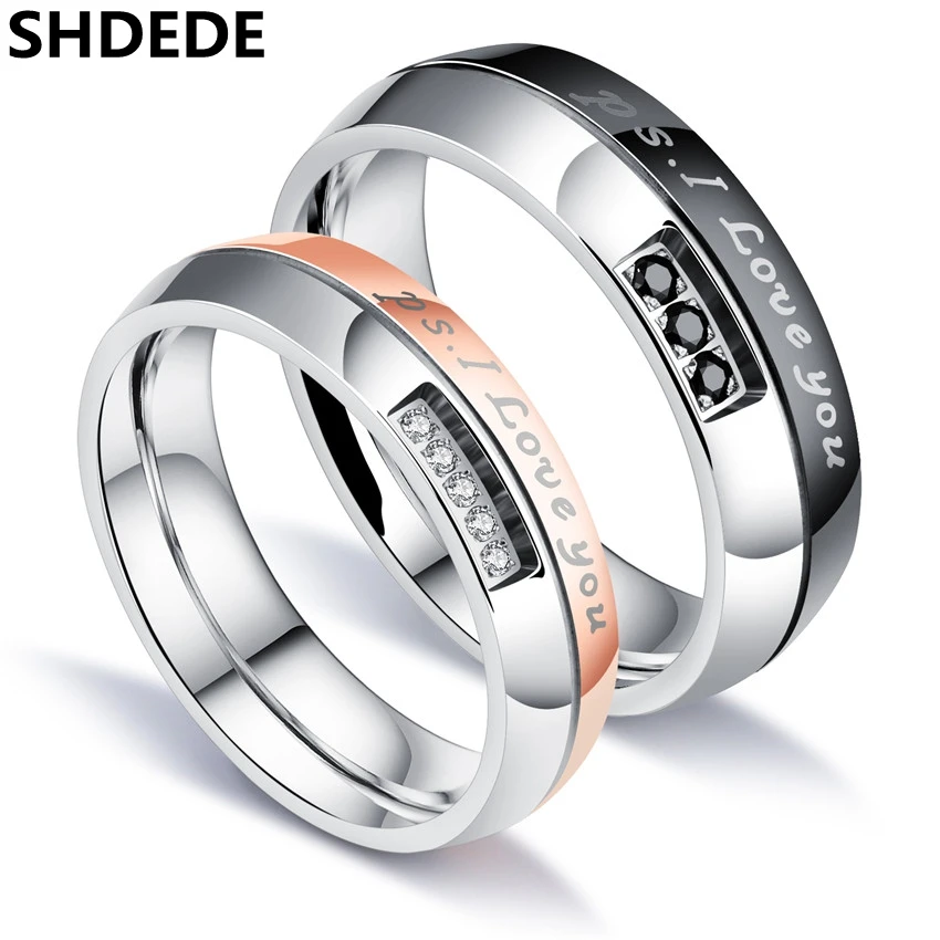 

SHDEDE Stainless Steel Couples Engagement Rings Romantic Bands Jewelry Wedding Ring For Lovers Pave Cubic Zirconia .*OR544