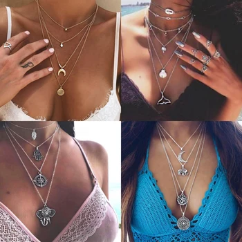 

Seblasy Vintage Punk Multi Layer Clavicle Chain Statement Peace Dove Elephant Moon Cross Crystal Necklaces & Pendants for Women