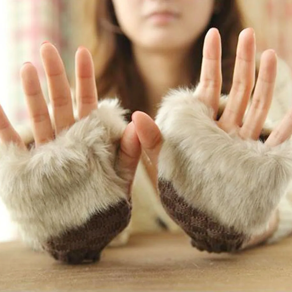 Зимние меховые без пальцев перчатки с имитацией кролика, теплые вязаные перчатки для женщин и девушек, перчатки на запястье, варежки, рождественский подарок