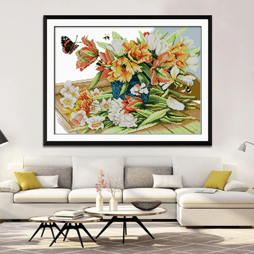 Flower Butterfly Stamped Cross Stitch Kit DIY Handmade Needlework for Beginners Kids Adults