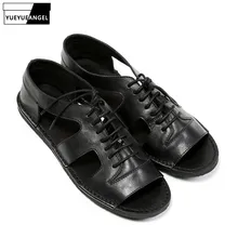Черные сандалии-гладиаторы из натуральной кожи на шнуровке в стиле ретро; мужская летняя брендовая повседневная кожаная обувь в римском стиле; пляжные сандалии с открытым носком