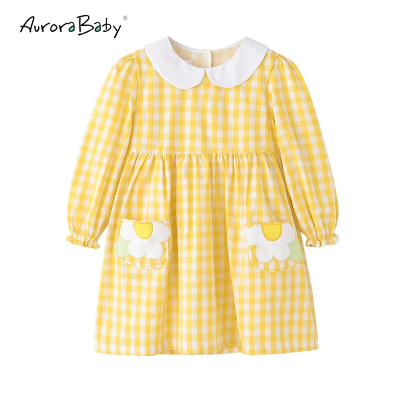 

AuroraBaby Baby Girls Dresses Yellow Plaid Appliques Flower Cotton Cute Princess Dresses Girls Clothes For Girl School Dress