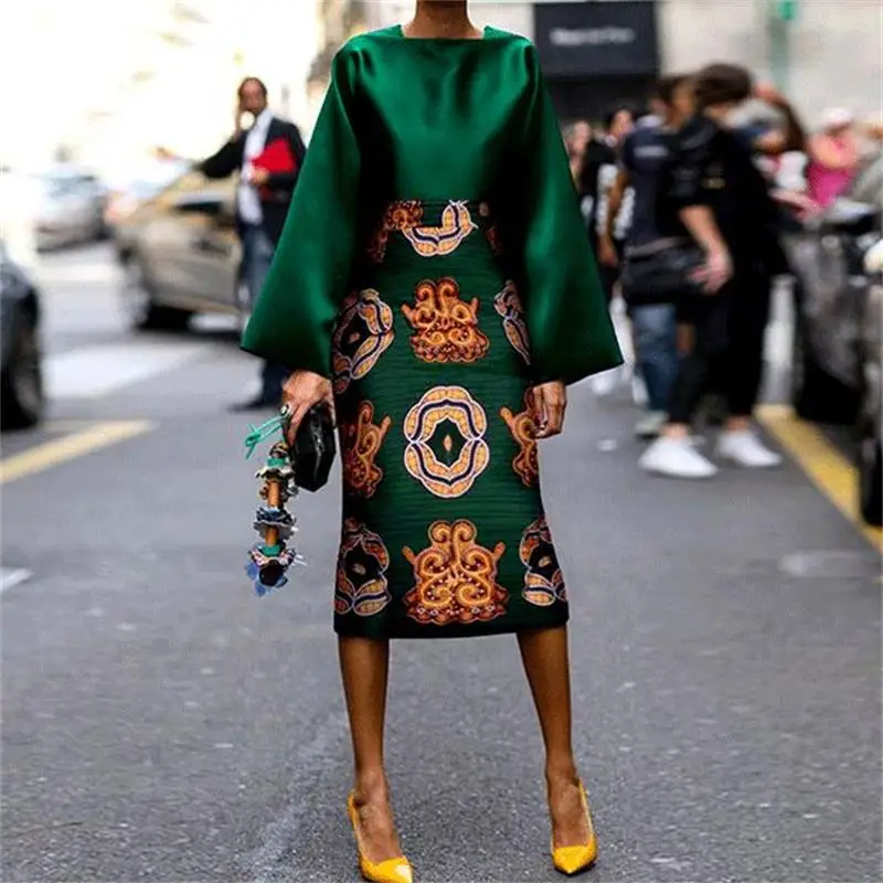 

Plus Size Green Satin Dress Vintage Dress Summer Dress 2019 Women Long Sleeve Floral Print Elegant Ladies Party Dresses Women
