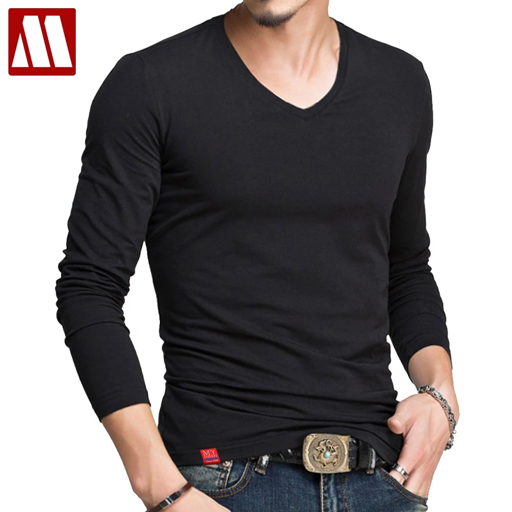 Hot Classic Men Long Sleeve T Shirt Fitness V Neck T Shirts Mens Slim Fit TShirts Designer Solid Cotton Tees Tops 5XL|t shirts for men|v neck t shirtdesigner t -