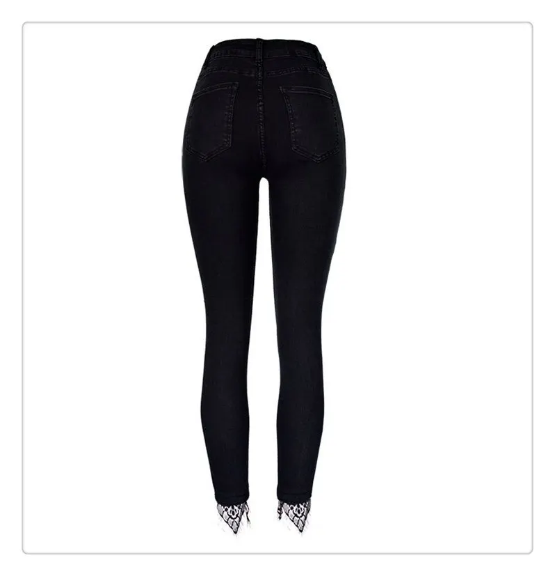 European and American women's wear high waist slender body elastic wash knees broken holes jeans nine trouser leg stitching lace super popular (9)